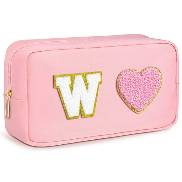 A-Z Initial Makeup Bag for Women Girls, Chenille Letters Cosmetic Bag Preppy Nylon Travel Toiletry Bag Birthday Gifts for Women Gifts for Girlfriend Personalized Makeup Bags, Letter W