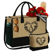 TOPEAST Initial Jute Tote Bag for Women, Monogram Beach Tote Bag Travel Essential Gift for Women Girls