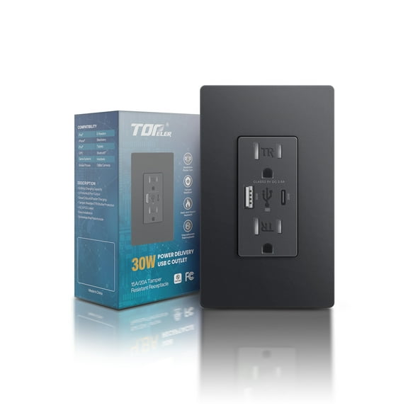 TOPELER 15A USB Wall Outlet with 30W USB-A&C Charge, Tamper-Resistant Receptacle with Screwless Plate, ETL & FCC Certified for Home/Office/Commercial Use