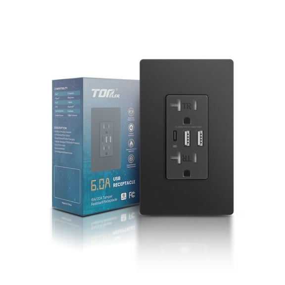 Black USB Wall Outlet, 20A Duplex Tamper-Resistant Receptacles, 6.0Amp Charging Power Outlet with 3 USB Ports, USB-C Electrical Socket, Screwless Plate Include, UL & FCC Listed