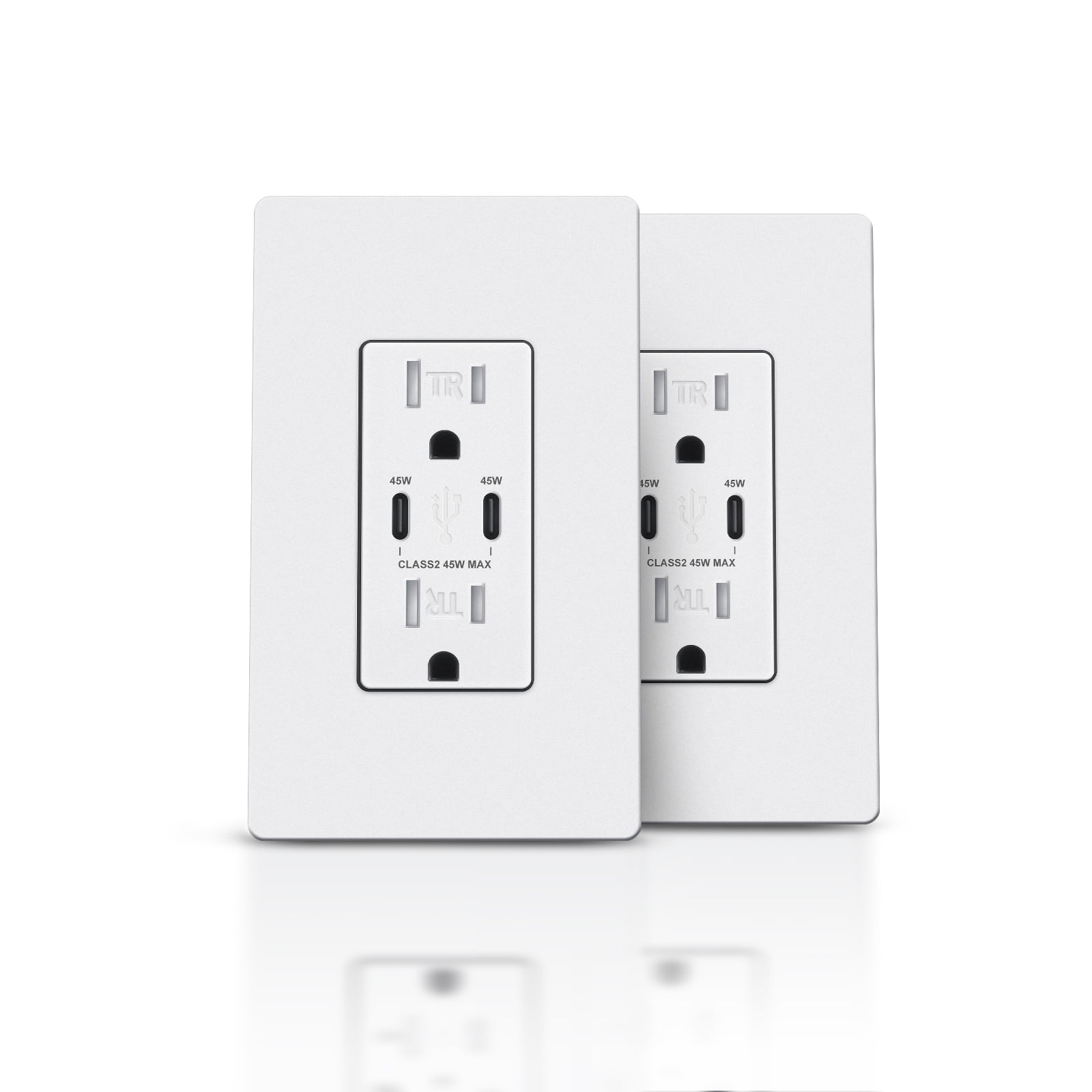 TOPELER PD USB Wall Outlet, 45w Fast Speed 2 Type-C Ports Charger Receptacles, 15A TR Receptacle, Screwless Wall Plate Included, ETL Listed & FCC Approval