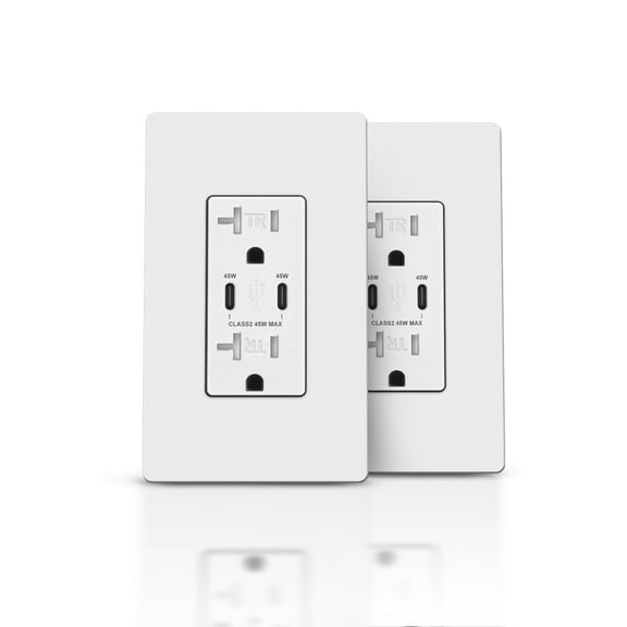 TOPELER PD USB Wall Outlet, 45w Fast Speed 2 Type-C Ports Charger Receptacles, 20A TR Receptacle, Screwless Wall Plate Included, ETL Listed & FCC Approval