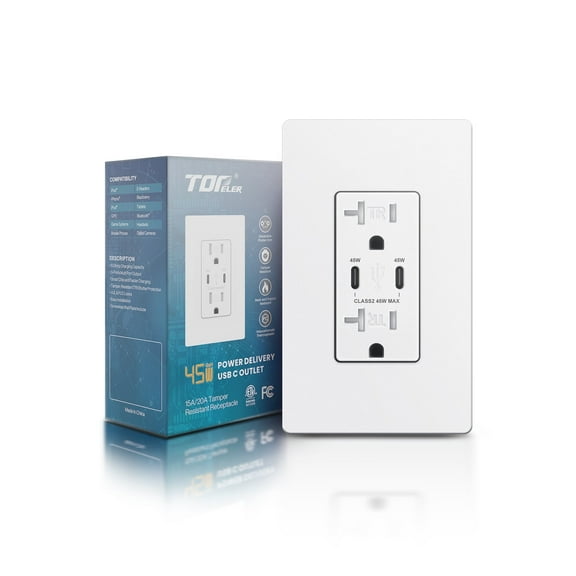 TOPELER PD USB Wall Outlet, 45w Fast Speed 2 Type-C Ports Charger Receptacles, 20A TR Receptacle, Screwless Wall Plate Included, ETL Listed & FCC Approval