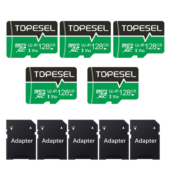 TOPESEL 128GB Micro SD Card with Adapter 5 Pack A1 V30 U3 Class 10 Micro SDXC UHS-I SD Cards