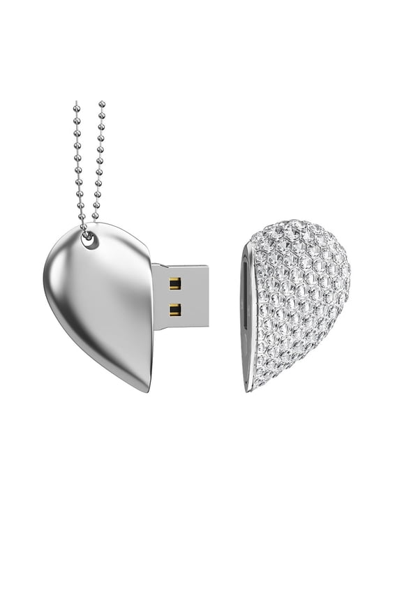 32GB Heart Shape USB 2.0 Flash Drive Crystal Memory Stick Thumb Drive Jewelry Pendant Necklace with Key Chain