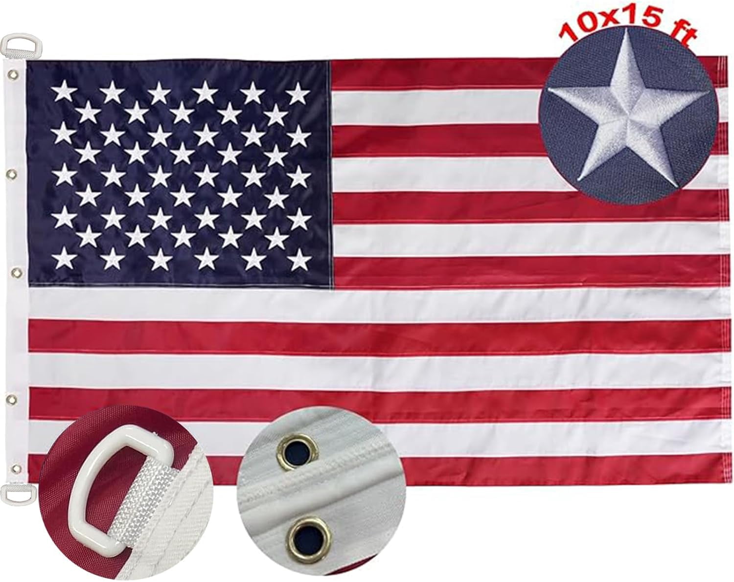 TOPFLAGS 10x15 feet 50 stars American Flag,Embroidered 210D Embroidered Stars,Sewn Stripes,3 Brass Grommets,Indoor/Outdoor,Vibrant Colors,Quality Polyester,US USA Flag