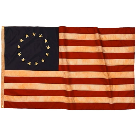 TOPFLAGS Embroidered Stars Betsy Ross Tea Stained American Flag 3x5 Outdoor 13 Stars Flag 13 Colonies Primitive Vintage US Flags Banner Stitching Stripes with 2 Brass Metal Grommets