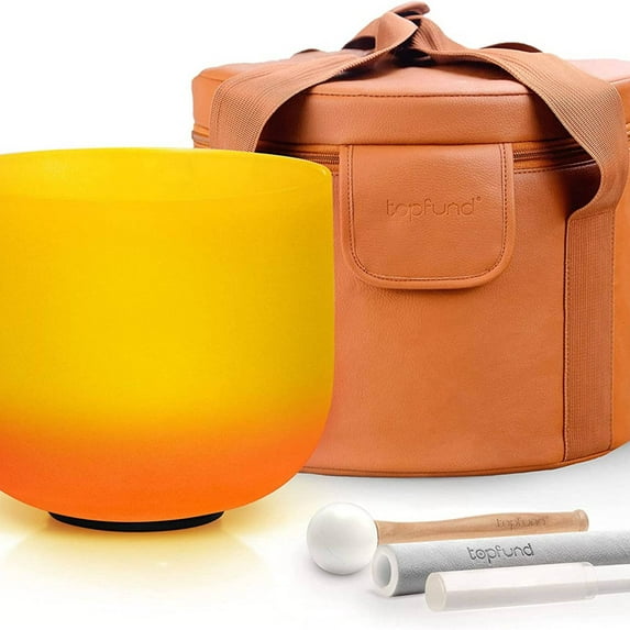 TOPFUND 440Hz Orange Yellow E Note 10 inch Crystal Singing Bowl Solar Plexus Chakra with Suede Stick