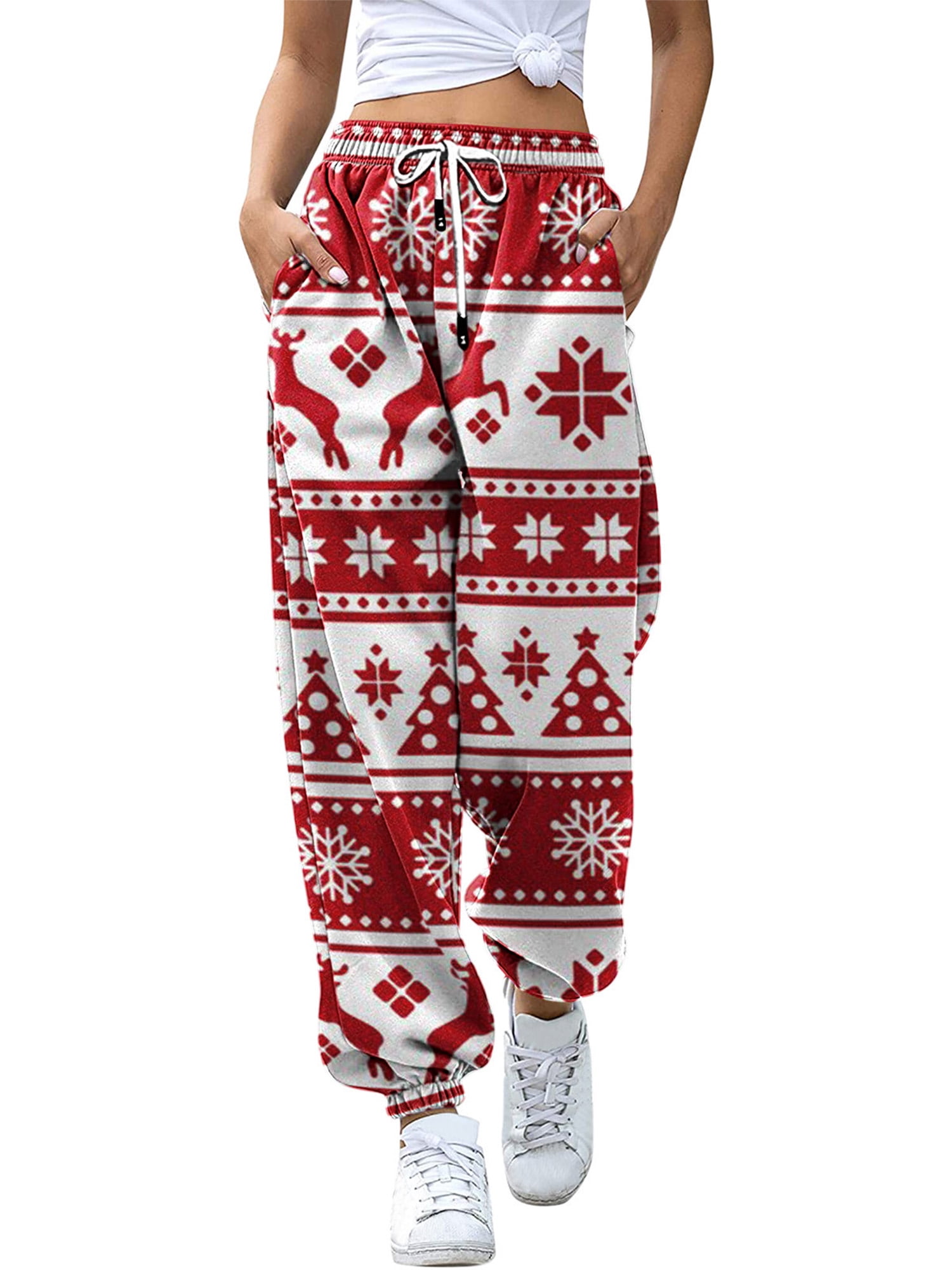 Women Christmas Sweatpants Snowman Deer Plaid Printed Drawstring Jogger Pants Sports Trouser with Pockets