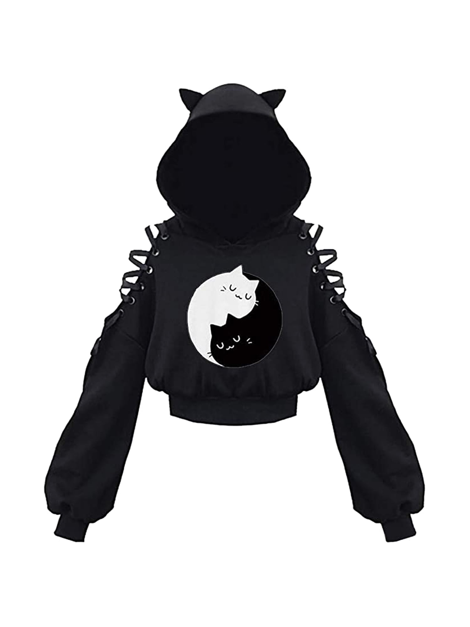 TOPGOD Women Long Sleeve Black Cutout Hoodie Cat Ear Lace Up Crop Top Hoodie  E-Girl Streetwear - Walmart.com