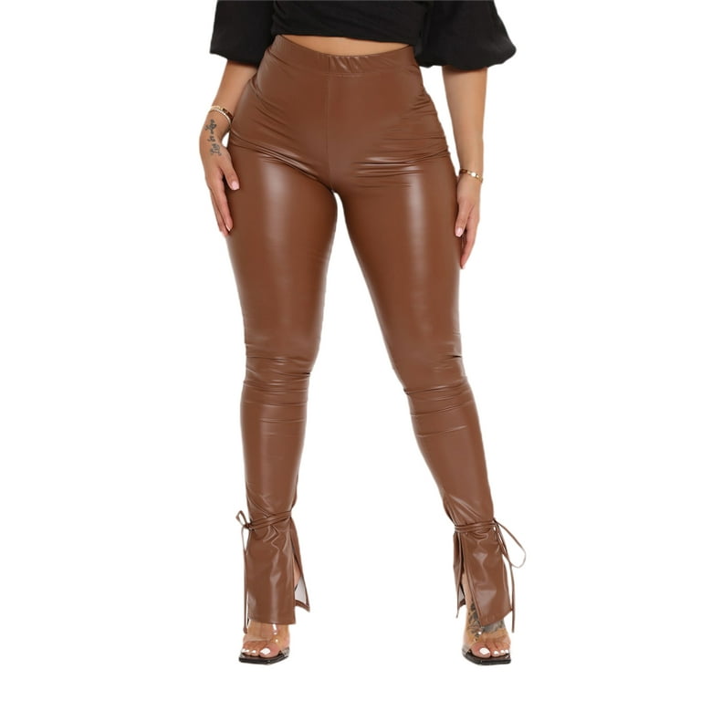 Women's Solid Faux Pu Leather Pants High Waist Skinny Pencil