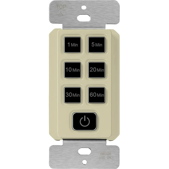 TOPGREENER 1-Hour Countdown Timer Switch, 5-10-20-30 Min 1 Hour Settings, for Fans and Lights, LED Indicator, 120VAC 60Hz, 1/2HP, 150W LED, Neutral Wire Required, UL Listed, TGT06-1H-RT-I, Ivory