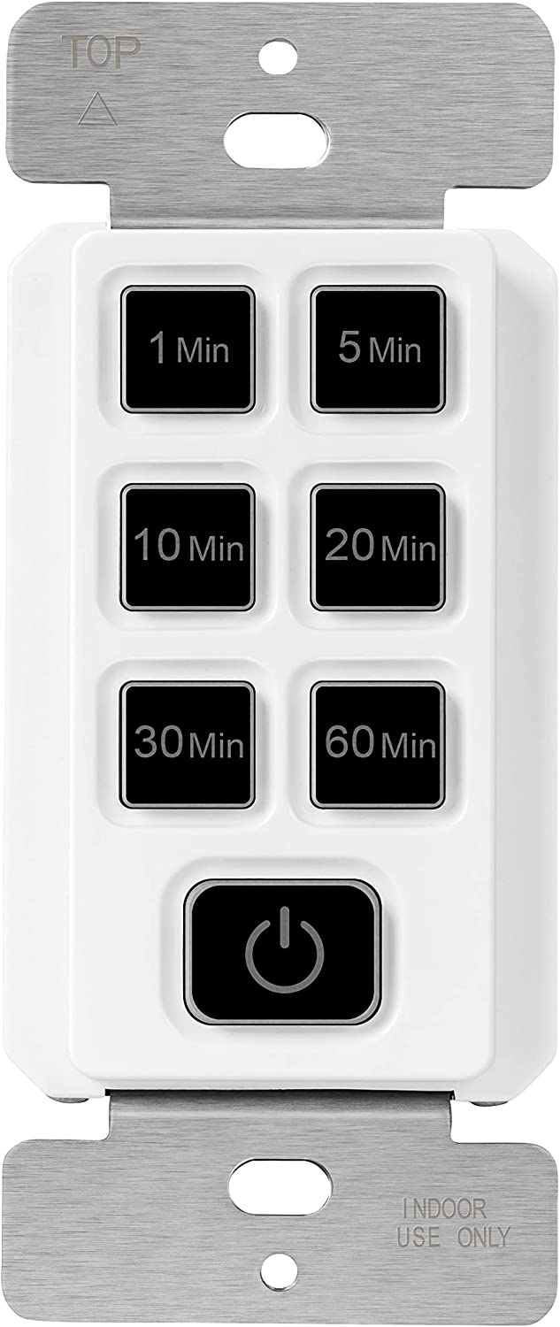 TOPGREENER 1-Hour No Neutral Wire Countdown Timer Switch, 1-5-10-20-30-60 Min, for Bathroom Fans and Lights, LED Indicator, 120VAC 60Hz, 1/2HP, 150W LED, UL Listed, TGT06-1H-JT-W, White