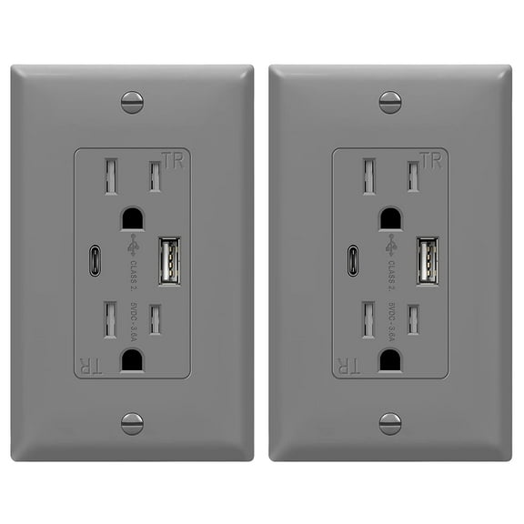 TOPGREENER 2-Port USB Outlet, Type C USB Wall Charger Outlet, 15 Amp TR Receptacle Plug, Charging Power Outlet with USB Ports, Wall Plate Included, UL Listed, TU21536AC-GY-2PCS, Gray, 2 Pack