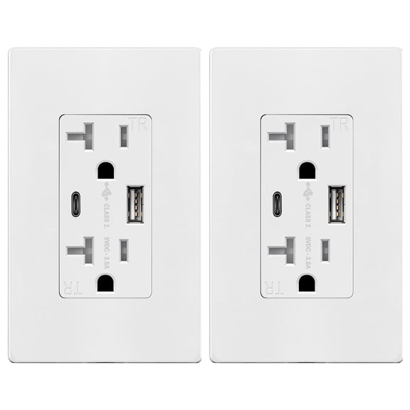 TOPGREENER 20 Amp USB Outlet, Type C USB Wall Charger Outlet, Tamper-Resistant Receptacle with 2 USB Charging Ports, TU22036AC-W-2PCS, White, 2 Pack