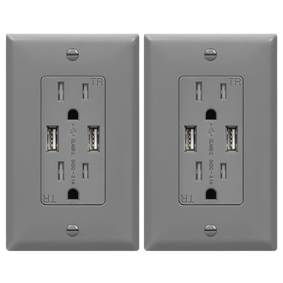 TOPGREENER 3.6A USB Wall Outlet Charger(Upgraded), 15A Duplex Tamper-Resistant Receptacles Plug, Charging Power Outlet with USB Ports, Electrical USB Socket, UL Listed, TU2153A-GY-2PCS, Gray