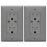 TOPGREENER 3.6A USB Wall Outlet Charger(Upgraded), 15A Duplex Tamper-Resistant Receptacles Plug, Charging Power Outlet with USB Ports, Electrical USB Socket, UL Listed, TU2153A-GY-2PCS, Gray