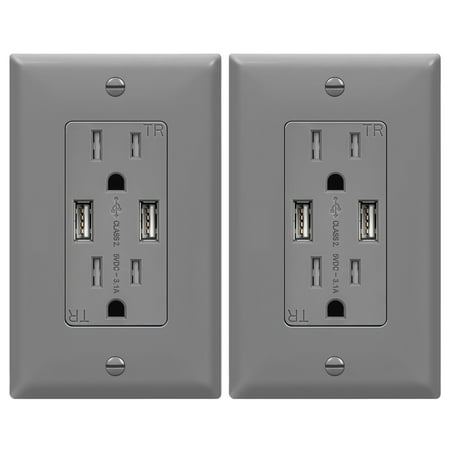 TOPGREENER 3.6A USB Wall Outlet Charger(Upgraded), 15A Duplex Tamper-Resistant Receptacles Plug, Charging Power Outlet with USB Ports, Electrical USB Socket, UL Listed, TU2153A-GY-2PCS, Gray