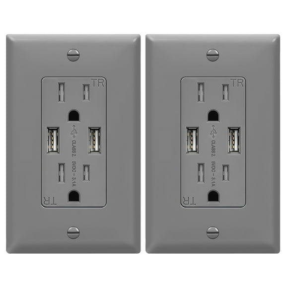 TOPGREENER 3.6A USB Wall Outlet Charger(Upgraded), 15A Duplex Tamper-Resistant Receptacles Plug, Charging Power Outlet with USB Ports, Electrical USB Socket, UL Listed, TU2153A-GY-2PCS, Gray