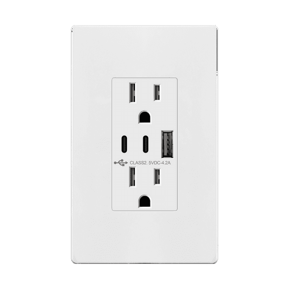 TOPGREENER 4.2A 21W 3-Port Type C USB Outlet, 15 Amp Receptacle Plug, Charging Power Outlet with Dual Type C&A Ports, Screwless Wall Plate Included, UL Listed, TU21542AC2-WSID, White