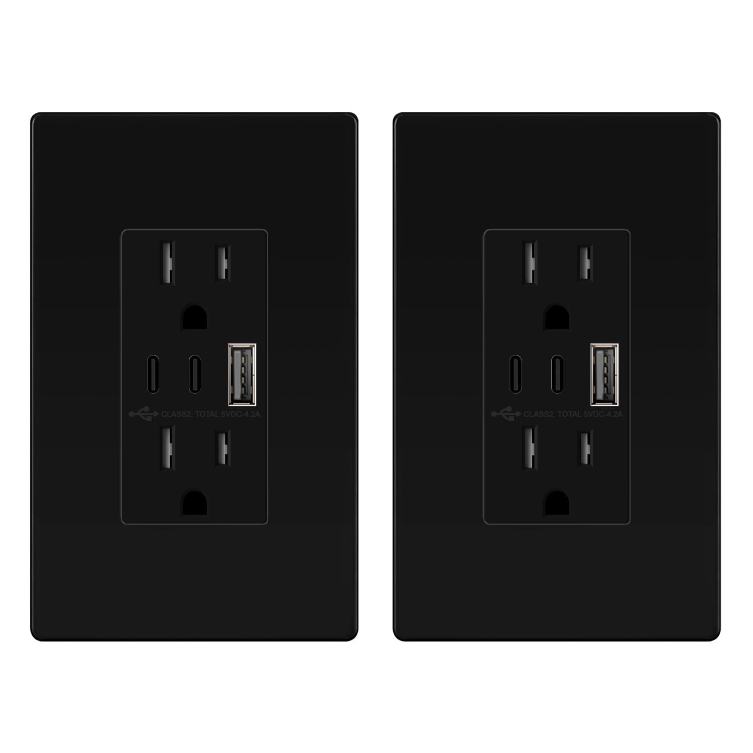 TOPGREENER 4.2A 3-Port Type C USB Outlet, 15 Amp Receptacle Plug, Charging Power Outlet with Dual Type C&A Ports, Screwless Wall Plate Included, UL Listed, TU21542AC2-BKSID, Black, 2Pack