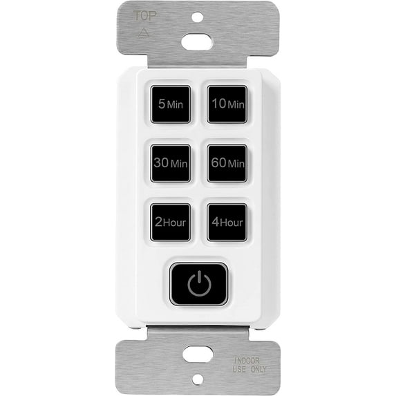 TOPGREENER 4-Hour No Neutral Wire Countdown Timer Switch, 5-10-30-60 Min 1-2-4 Hour Settings, for Fans and Lights, LED Indicator, 120VAC 60Hz, 1/2HP, 150W LED, UL Listed, TGT06-4H-JT-W, White