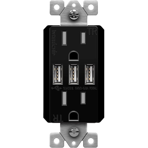 TOPGREENER 5.8A Ultra-High-Speed 3-Port USB Wall Outlet, 15A Tamper-Resistant Receptacles, UL Listed, Black