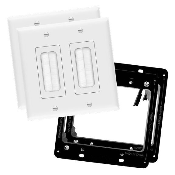 TOPGREENER Bristled Brush Wall Plate with Mounting Brackets, Pass-Through Wall Plate for Low Voltage Cables, Mid-Size 2-Gang, Polycarbonate Thermoplastic, TG8892MB-2PCS, White, 2 pack
