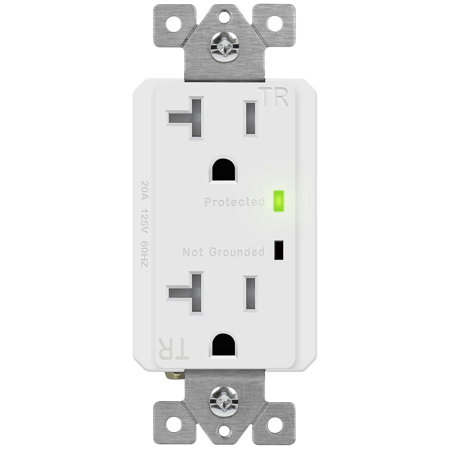 TOPGREENER Decorator Receptacle Outlet Surge Protector and Grounding Indicator, Child Safe, Tamper-Resistant, Self-Grounding, 900 Joules, 2-Pole, 20A 125V, UL Listed, TGTRSS220R, White