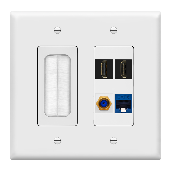 TOPGREENER Double Gang Datacomm Bundle with Multimedia Pass-Through Insert, 4-Port Keystone Jack Insert, Coaxial, Ethernet, HDMI Keystones, TG889174MCFH2-W, White