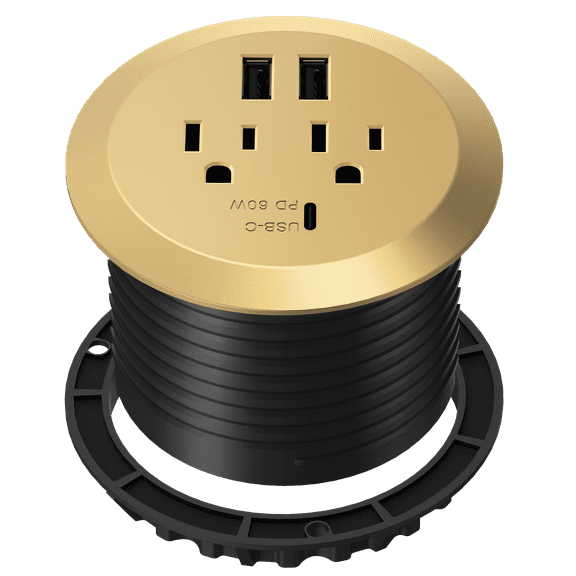 TOPGREENER GaN Desk Grommet with 60W PD For Macbook, Desktop Power Grommet with 1 Fast Charging USB-C Port, 2 USB-A Ports and 12A Duplex Receptacles, TTRP48APD60-GD, Gold