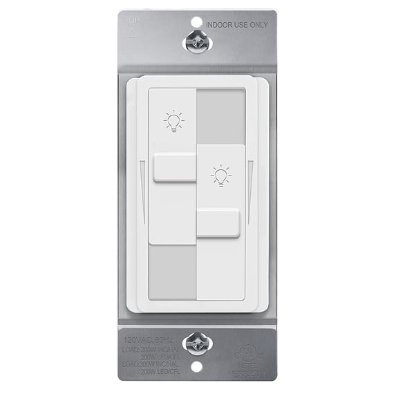 TOPGREENER Kalide Dual Load Dimmer Light Switch, Double LED Dimmer, Full Range, Single Pole, 120VAC, 60Hz, 200W LED/CFL, Neutral Wire Not Required, TGDDS-W, White