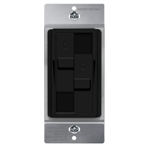 TOPGREENER Kalide Dual Load Dimmer Light Switch, Double LED Dimmer Switch, Full Range Dimming, Single Pole, 120VAC, 60Hz, 200W LED/CFL, Neutral Wire Not Required, TGDDS-BK, Black