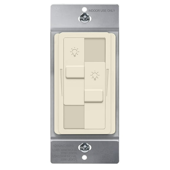 TOPGREENER Kalide Dual Load Dimmer Light Switch, Double LED Dimmer Switch, Full Range Dimming, Single Pole, 120VAC, 60Hz, 200W LED/CFL, Neutral Wire Not Required, TGDDS-LA, Light Almond