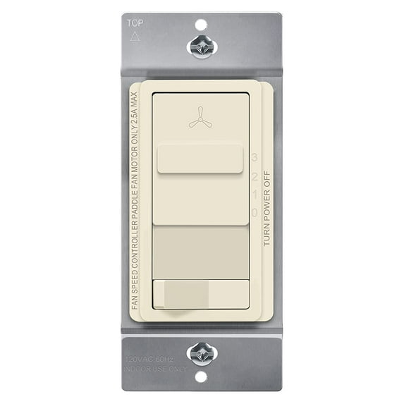 TOPGREENER Kalide Light Switch and 3-Speed Ceiling Fan Control Combo, in Wall Light and Fan Combination Switch, Single Pole, 2.5A, 720W, Neutral Wire Not Required, TGSFS3-LA, Light Almond