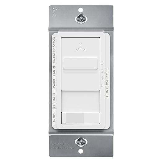 TOPGREENER Kalide Light Switch and 3-Speed Ceiling Fan Control Combo, in Wall Light and Fan Combination Switch, Single Pole, 2.5A, 720W, Neutral Wire Not Required, TGSFS3-W, White