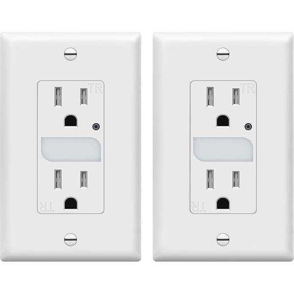TOPGREENER LED Guide Light Receptacle with Automatic Daylight Sensor, Night Light Decorator Wall Outlet, 125VAC/15A Tamper-Resistant Receptacle, TGL215TR-W-2PCS, White, 2 Pack