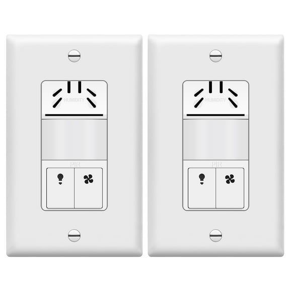 TOPGREENER Dual Tech Humidity Sensor Switch, Infrared PIR Motion & Air Moisture Detection, Bathroom Fan & Light Control, Adjustable Timing, Neutral Wire Required, UL Listed, TDHOS5-2PCS, White 2 Pack