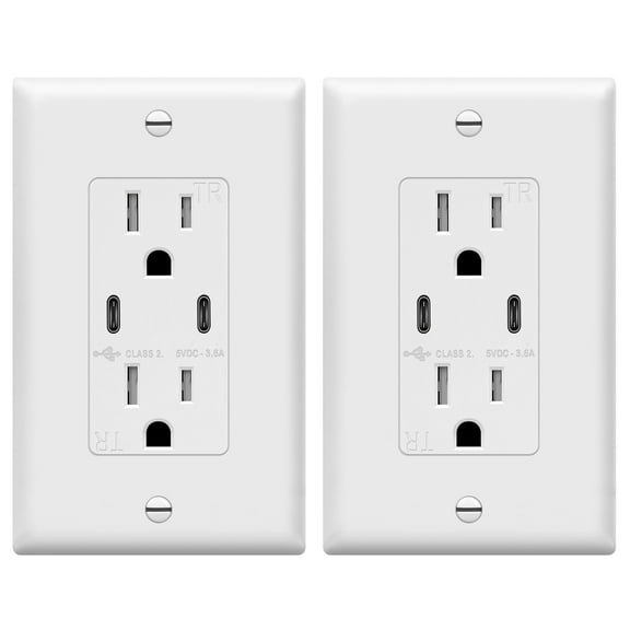 TOPGREENER TU21536A2C, 15A 125VAC 3.6W White USB Type-C Electrical Outlet 2 Piece 2 Pack