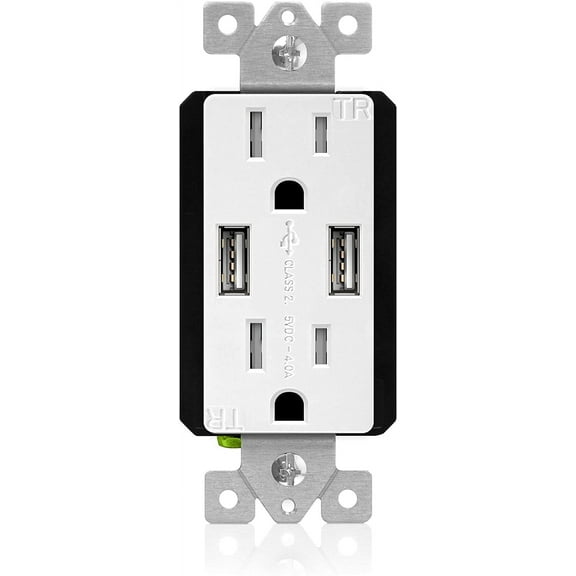 TOPGREENER TU2154A, 15A 125VAC White Dual USB Charger Electrical Outlet
