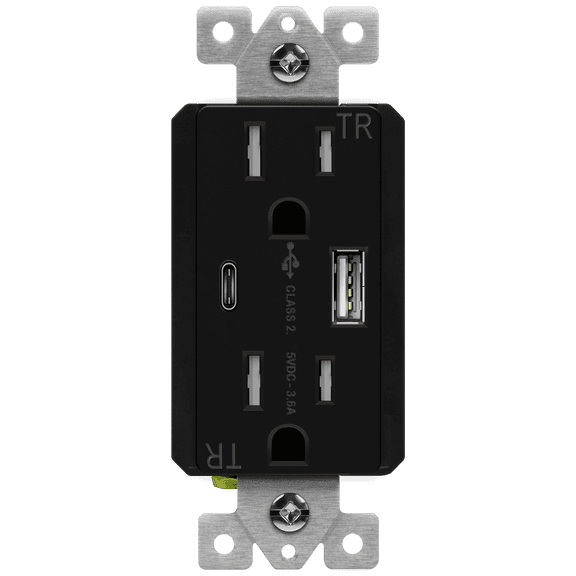 TOPGREENER USB C Outlet, In Wall Charger, 15A TR Receptacle, Compatible with iPhone, Samsung, LG, HTC & More, TU21536AC-BK, Black