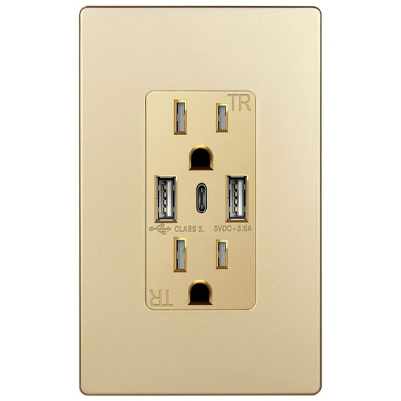 TOPGREENER USB Outlet, 3-Port Type C 3.6A 18W USB Wall Outlet, 15 Amp Tamper-Resistant Receptacle Plug, Charging Power Outlet with USB Ports, UL Listed, TU21536AC3-GD, Gold with Wall Plate