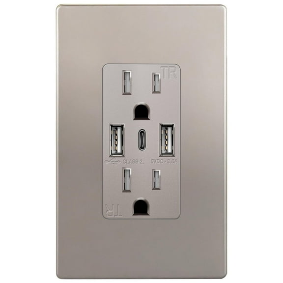 TOPGREENER USB Outlet, 3-Port Type C 3.6A 18W USB Wall Outlet, 15 Amp Tamper-Resistant Receptacle Plug, Charging Power Outlet with USB Ports, UL Listed, TU21536AC3-NK, Nickel with Wall Plate