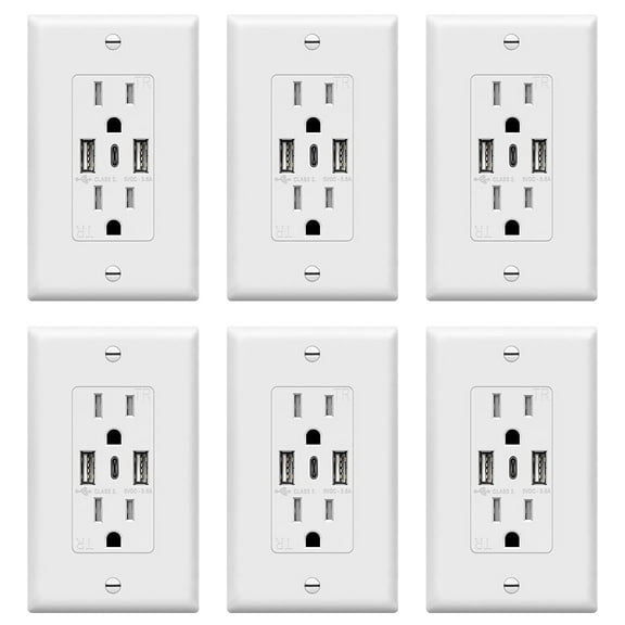 TOPGREENER USB Outlet, 3-Port Type C USB Wall Outlet, 15 Amp Tamper-Resistant Receptacle Plug, Charging Power Outlet with USB Ports, UL Listed, TU21536AC3-6PCS, White, 6 Pack