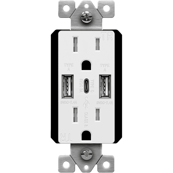 TOPGREENER USB Outlet, 5.8A 3-Port Type C Wall 15 Amp Tamper-Resistant Receptacle Plug, Compatible with iPhone 15 Series & More, UL Listed,TU21558AC3,White