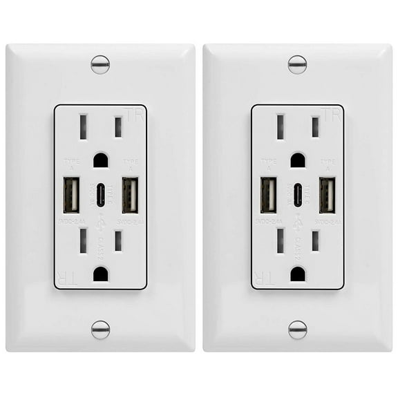 TOPGREENER USB Outlet, Type-C / A Wall Charger, 5.8A USB Ports, 15A Decorator TR Receptacle, UL Listed, White, 2 Pack