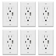 TOPGREENER USB Outlet, Type C USB Wall Charger Outlet, 15 Amp TR Receptacle Plug, Charging Power Outlet with USB Ports, Electrical USB Socket, UL Listed, TU21536AC-W-6PCS, White, 6 Pack