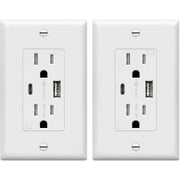 TOPGREENER USB Outlet, Type C USB Wall Charger Outlet, 15 Amp TR Receptacle Plug, Charging Power Outlet with USB Ports, UL Listed, TU21536AC-W-2PCS, White, 2 Pack