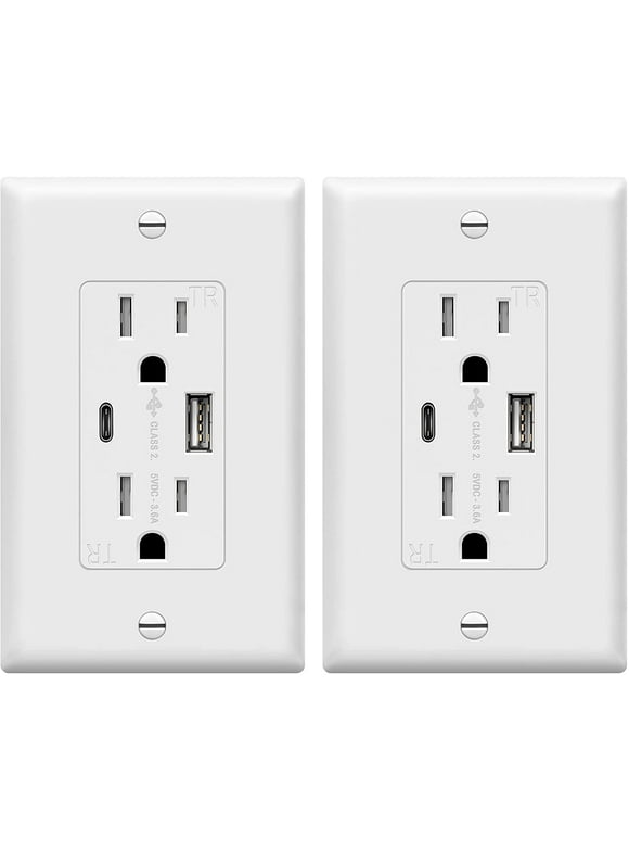 TOPGREENER USB Outlet, Type C USB Wall Charger Outlet, 15 Amp TR Receptacle Plug, Charging Power Outlet with USB Ports, UL Listed, TU21536AC-W-2PCS, White, 2 Pack