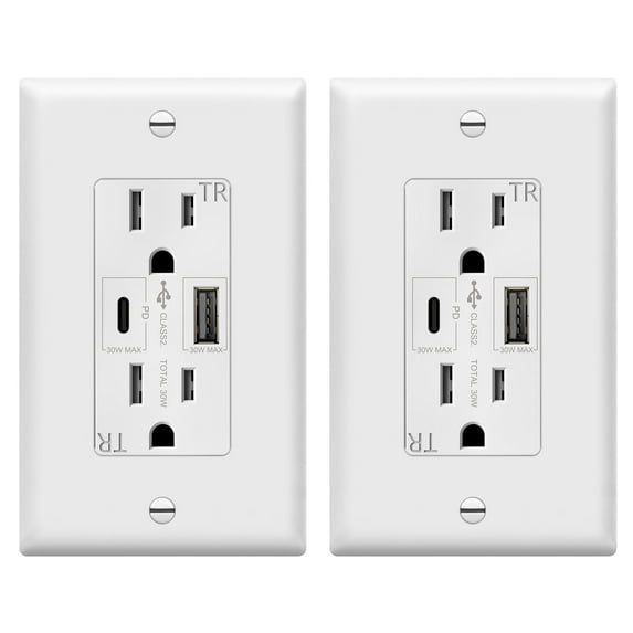 TOPGREENER USB Outlet, USB Type C Wall Outlet with 30W Power Delivery, 15A Duplex Tamper-Resistant Receptacle, USB Charger for Smartphones, Tablets, Laptops, TU215PD30AC-W-2PCS, White, 2 Pack